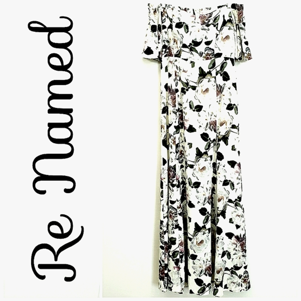 Re named Off shoulder Creme with White Garden Roses Maxi Dress